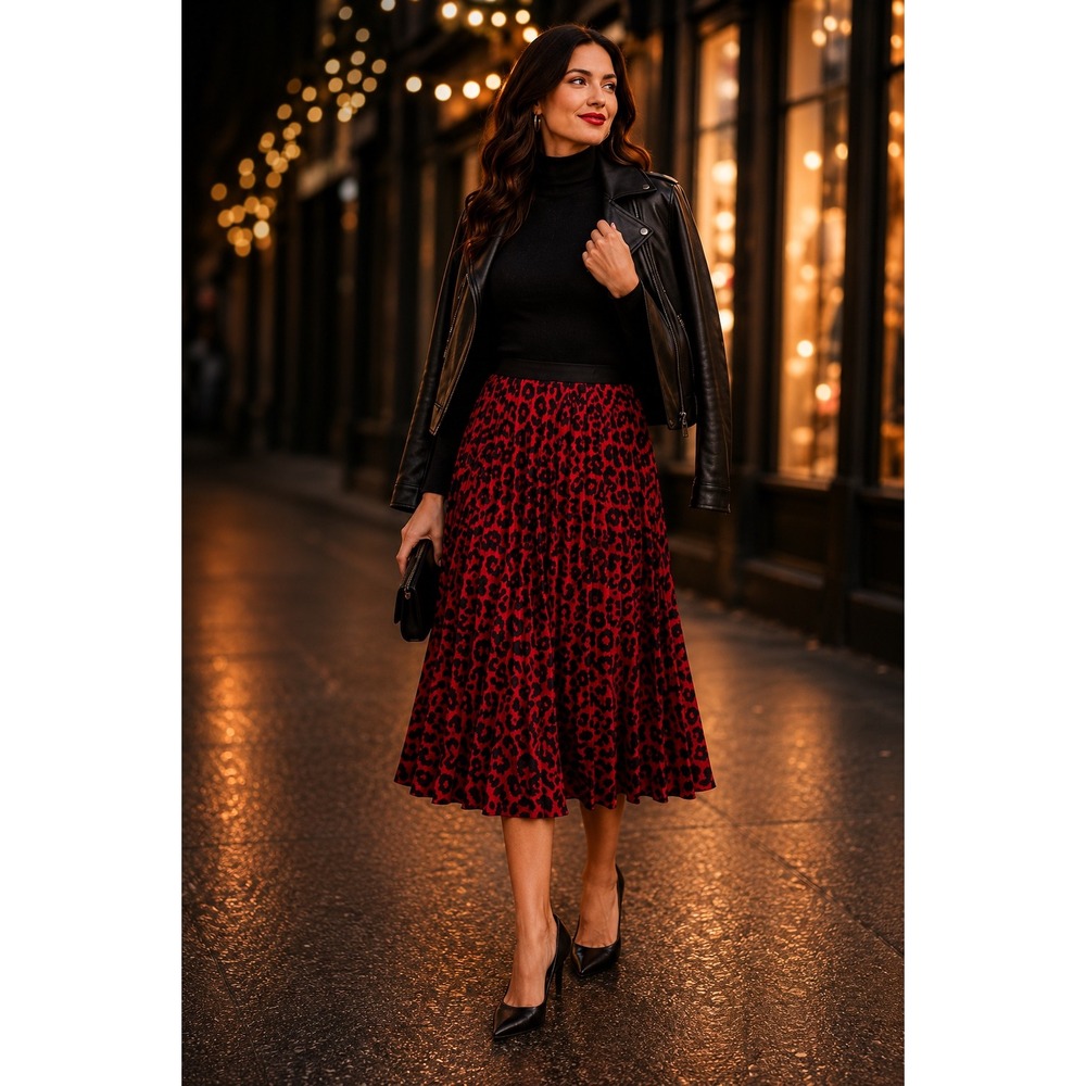 Edgy Red Black Leopard Pleated Midi Skirt Chic Mob Wife Grunge Satin Animal Sz M